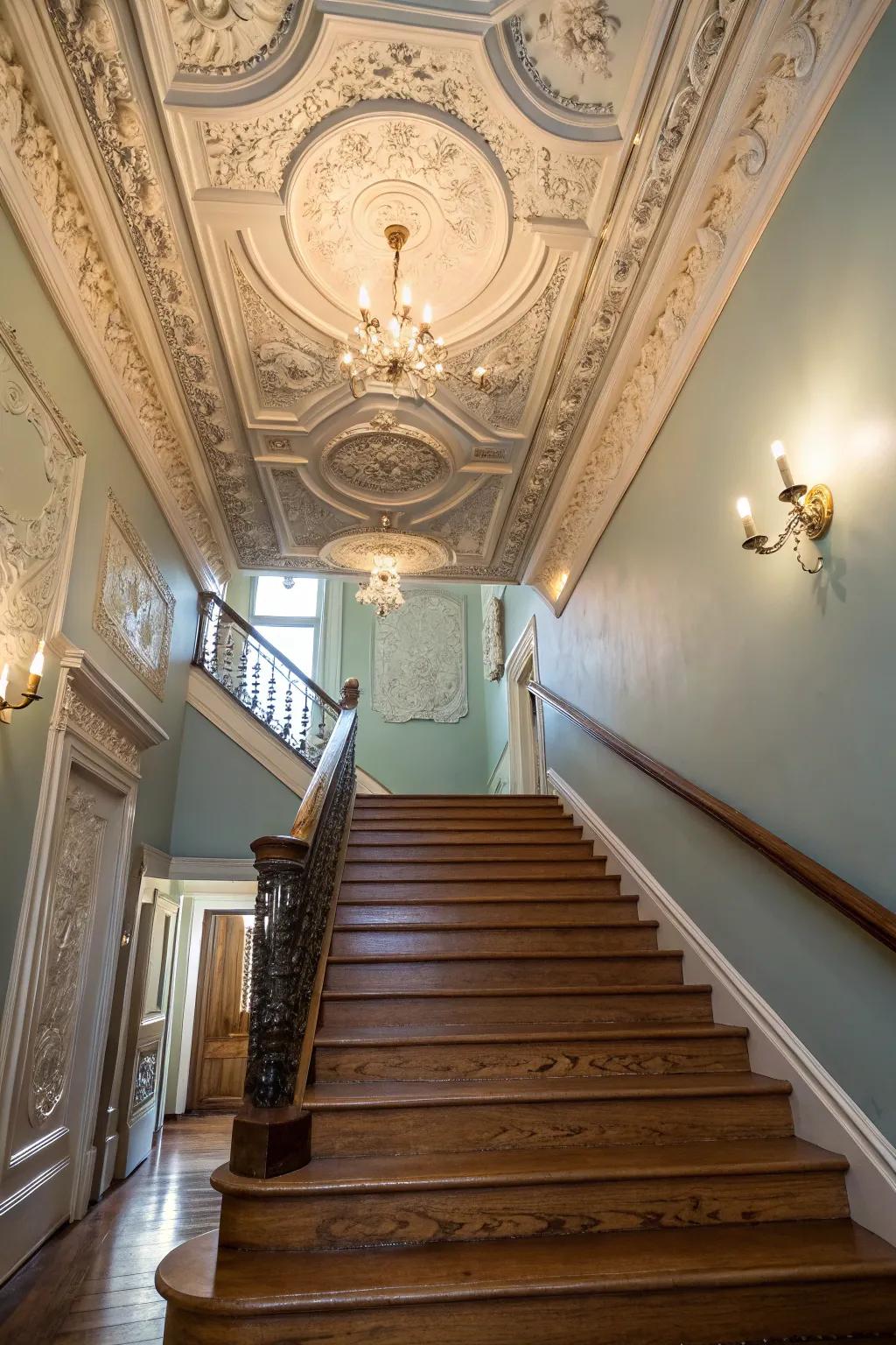 Elaborate ceiling trim elevates the grandeur of any stairwell.