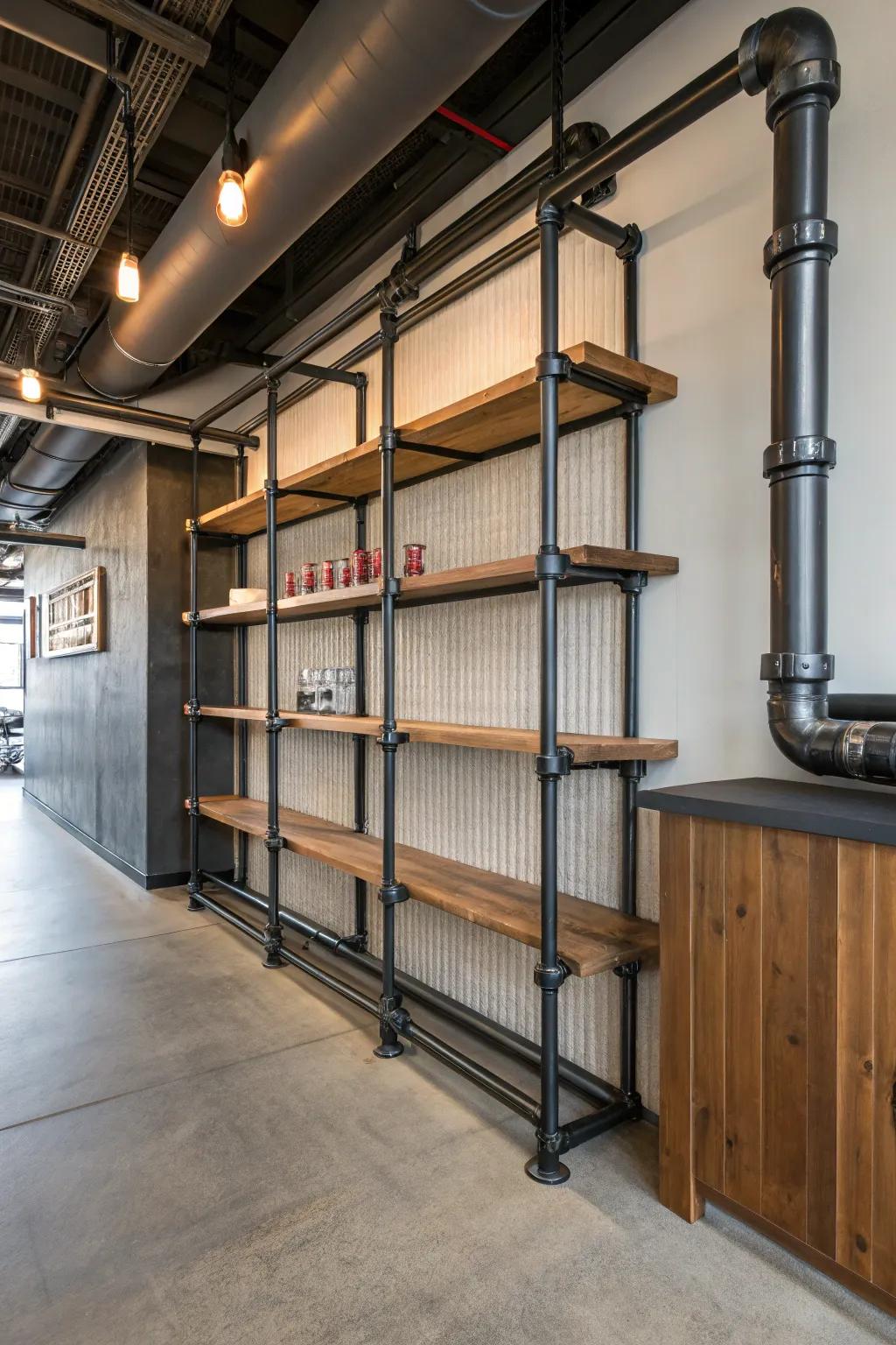 Industrial piping introduces a tough elegance to this steampunk-themed room.