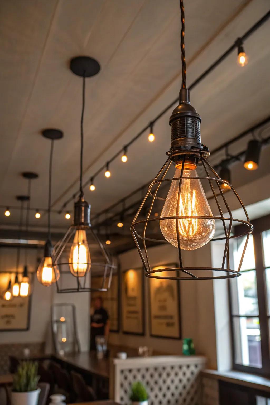 Industrial lighting creates an atmosphere perfect for a snug steampunk setting.