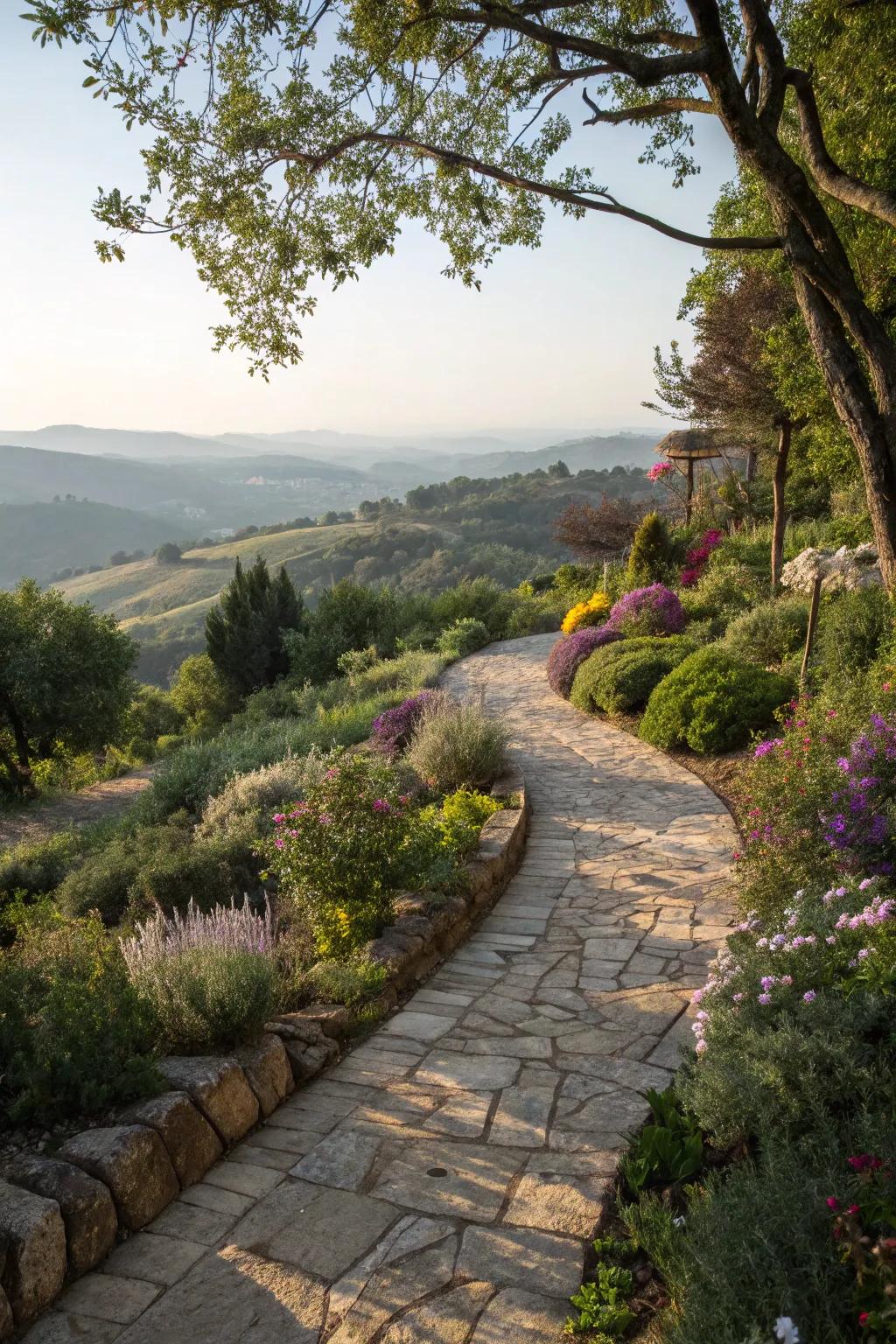 Winding paths create a journey through your hillside landscape.