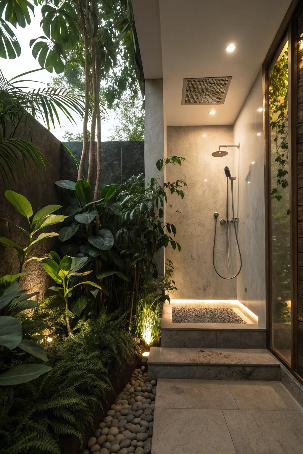 Sunken shower conceived with soft ambient lights and lush greenery, fostering a spa-inspired environment.