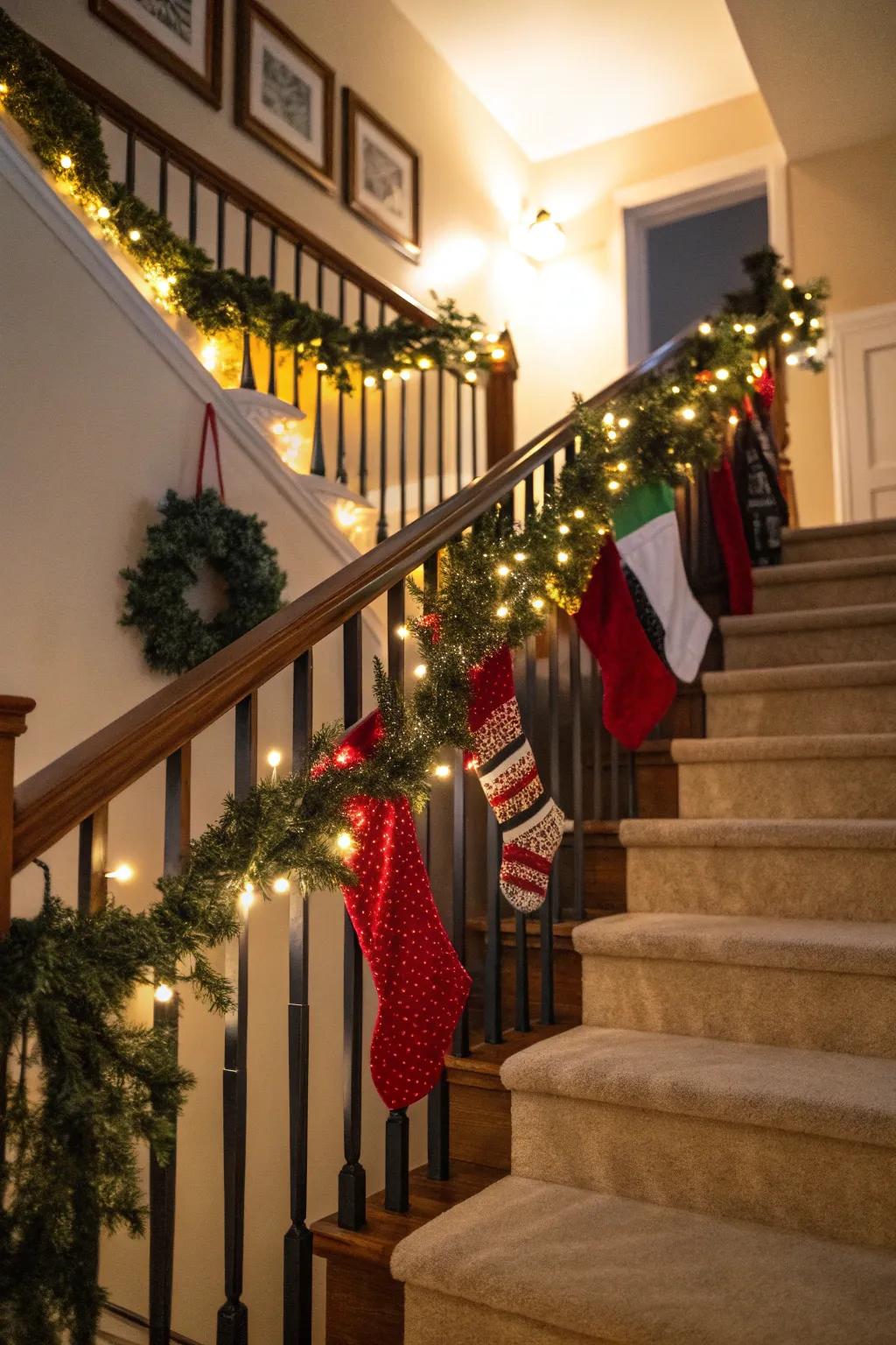 Stockings and garlands bring holiday cheer to stairways.