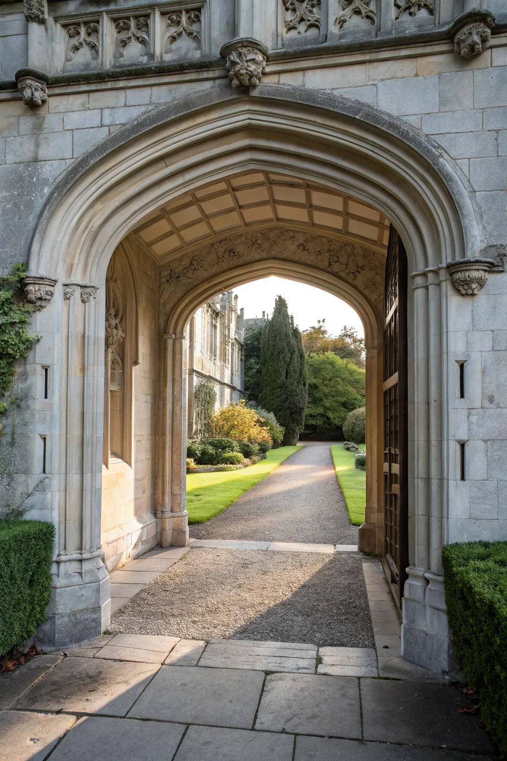 An arched stone entrance conveys a timeless sophistication.