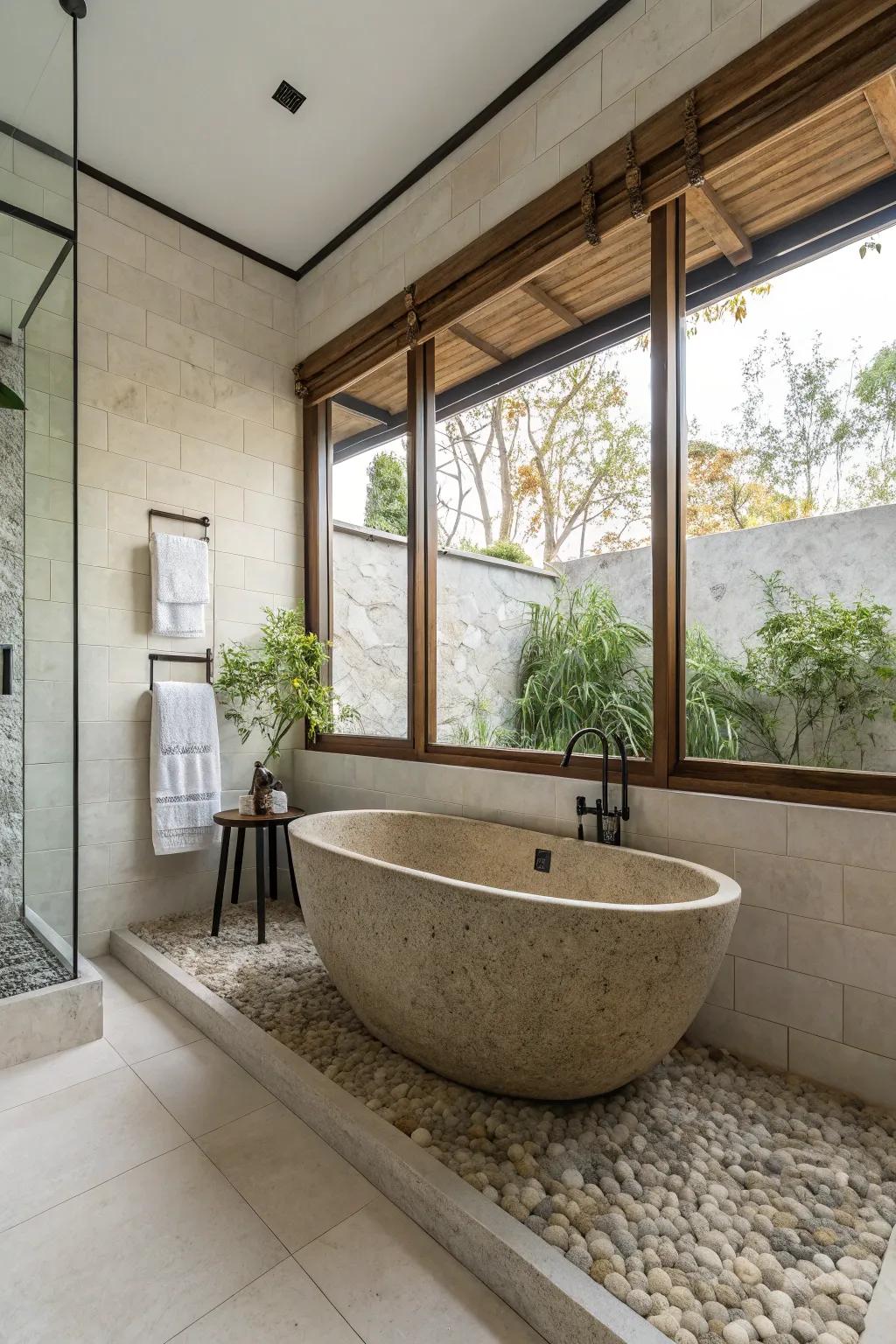 A bathroom featuring a self-supporting stone tub with understated styling.