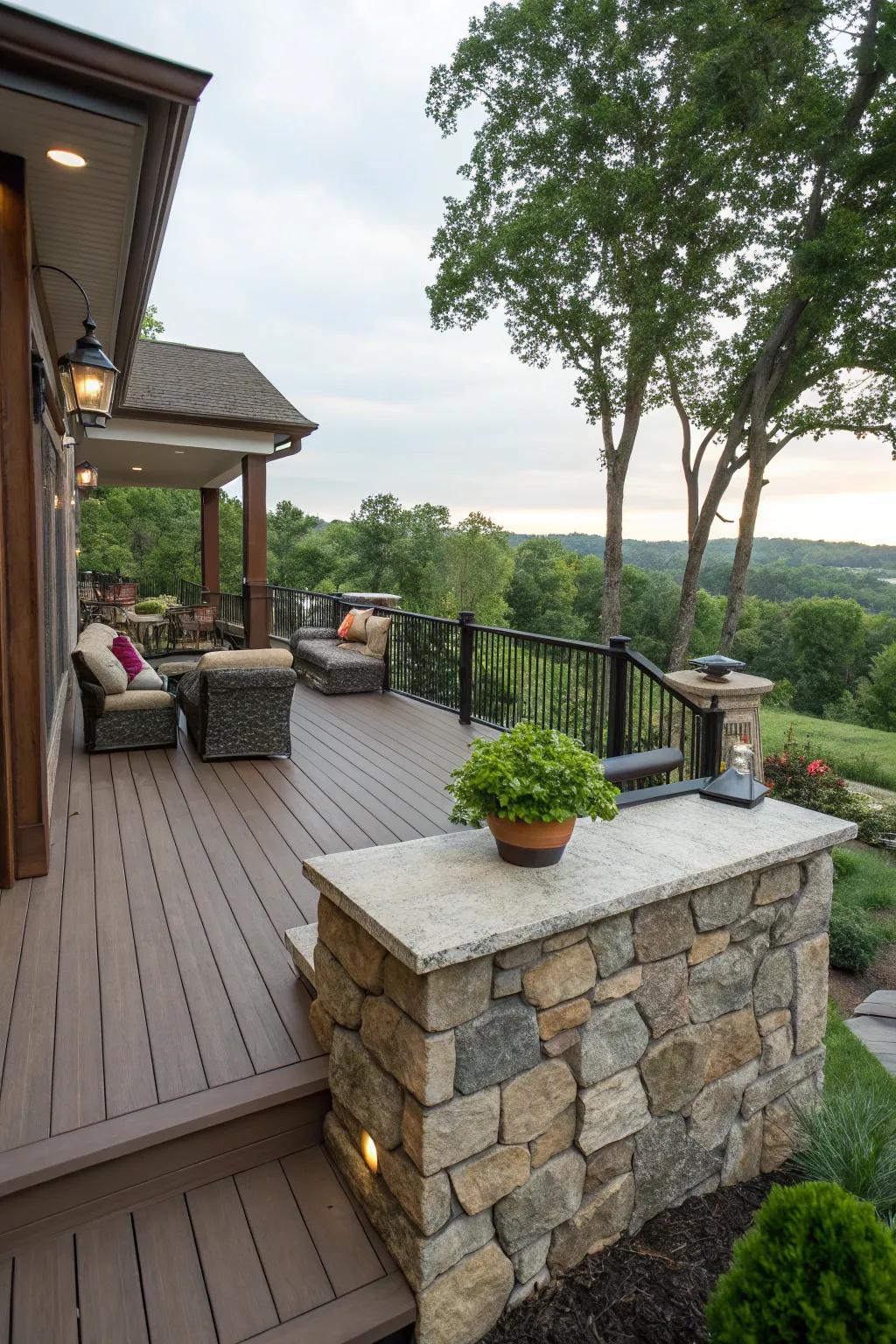 An elevated deck refined with rock skirting, presenting a neat and comprehensive facade.