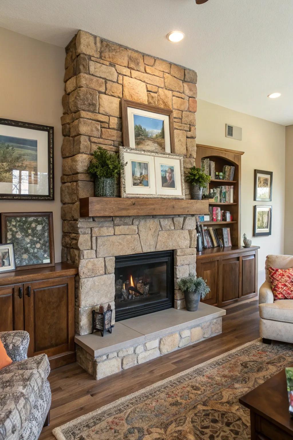 A living room featuring a stone fireplace with tiered mantels for amplified depth.