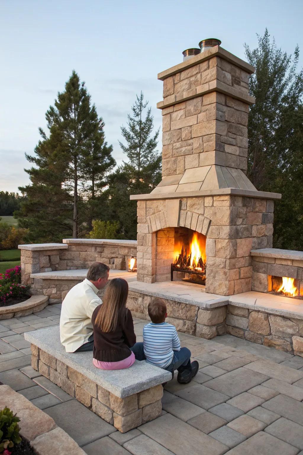 Integrated chairs turn a fireplace into a family center.