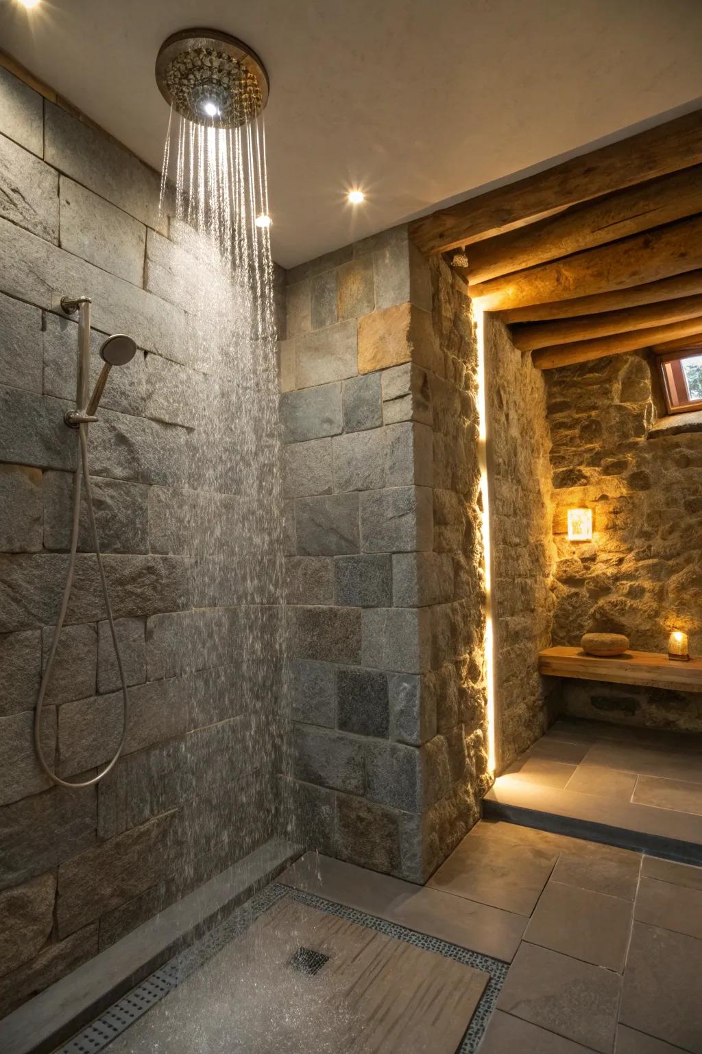 Indulge in grandeur with a monsoon shower system amid a stone composition.