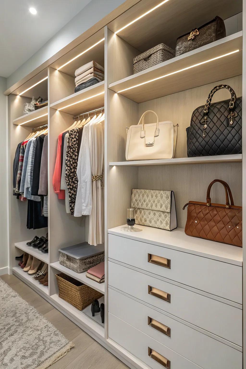 A perfectly organized closet, complete with integrated purse storage.