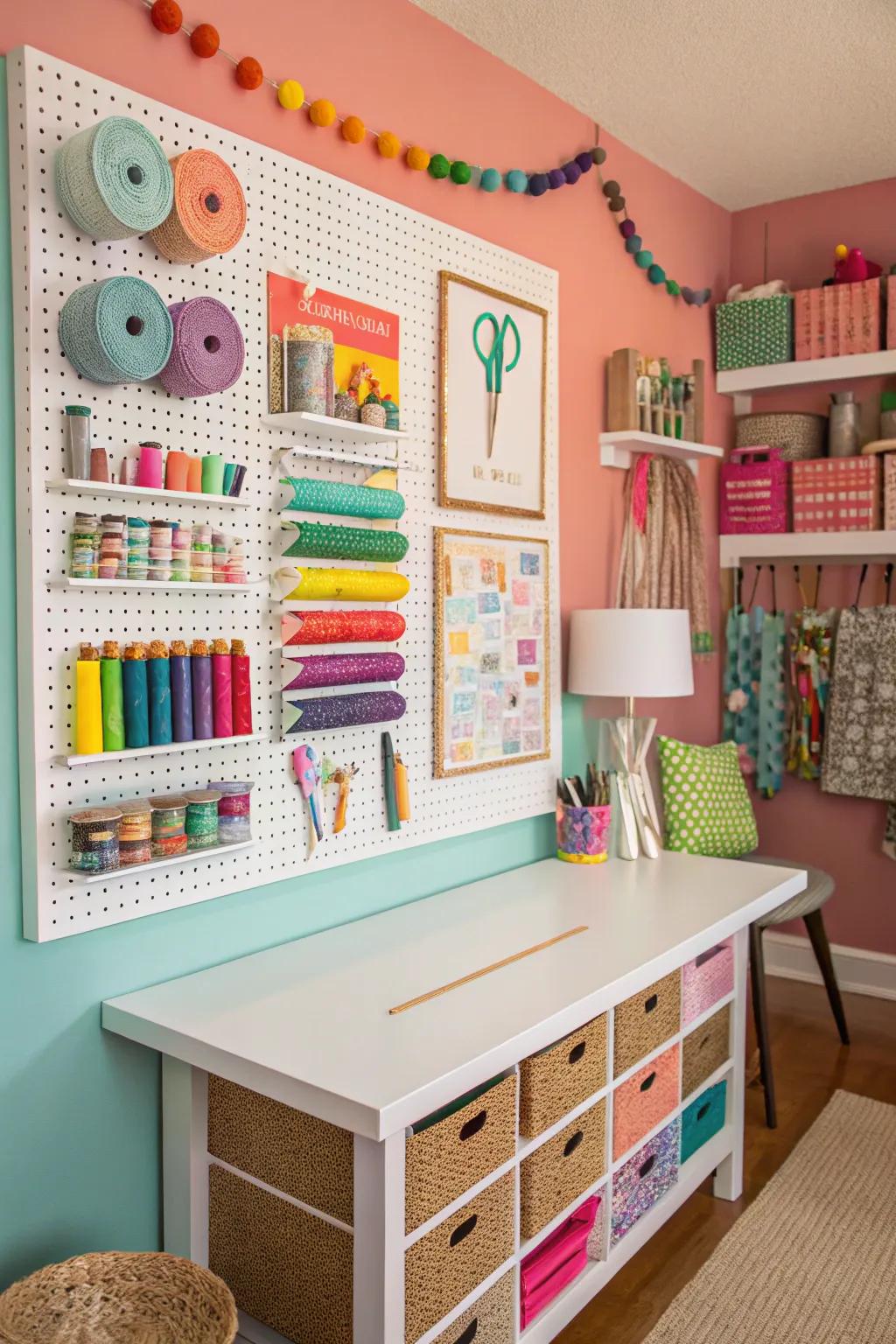 Maintain orderly creative supplies with a multifaceted pegboard.