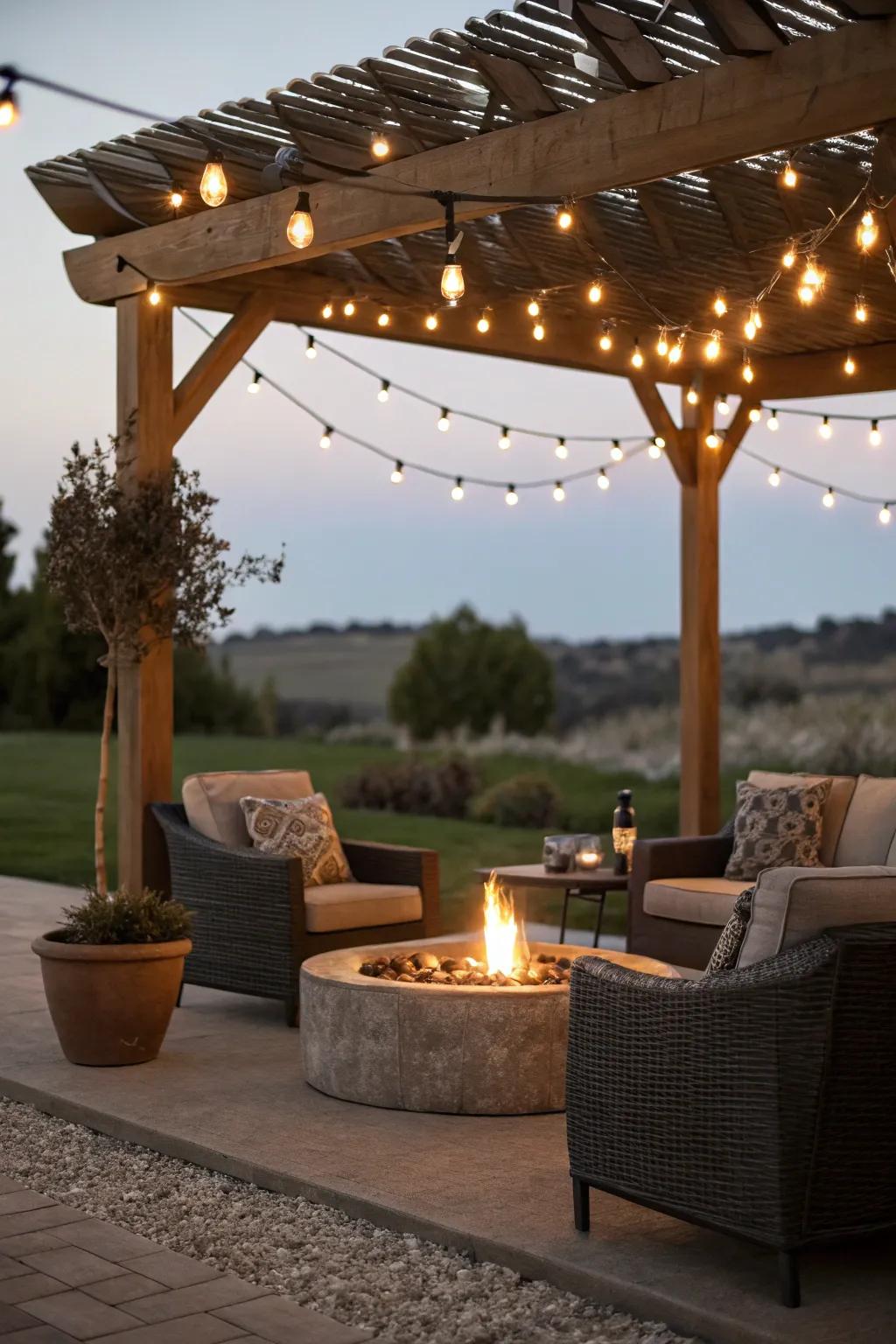 String lights under a pergola create a sleek, modern ambiance.