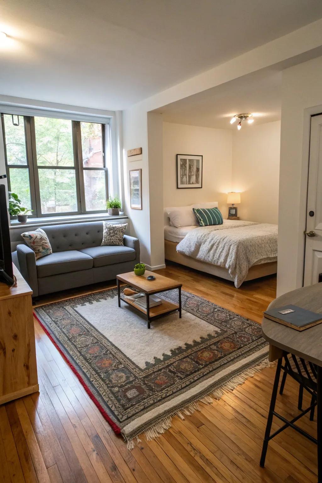 Rugs are great at defining separate spaces in an open studio apartment.