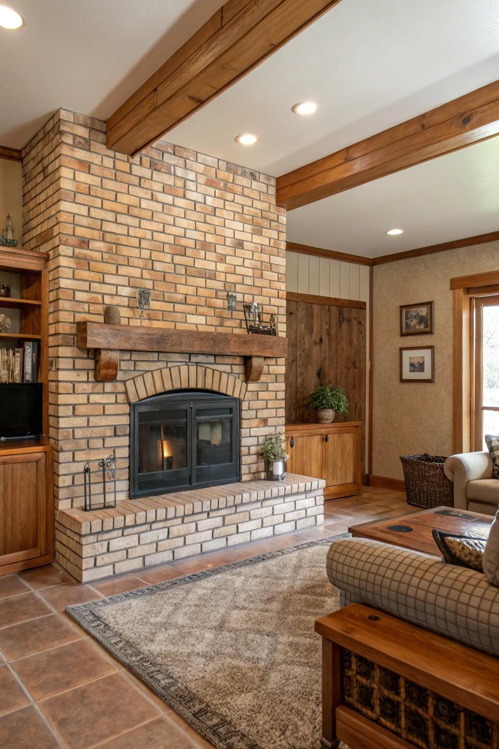 Brick-look tiles introduce a welcoming rustic charm to this inviting space.