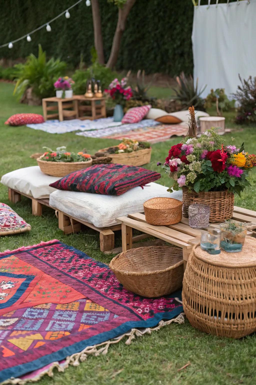 Unwind in style with a bohemian-inspired picnic arrangement.
