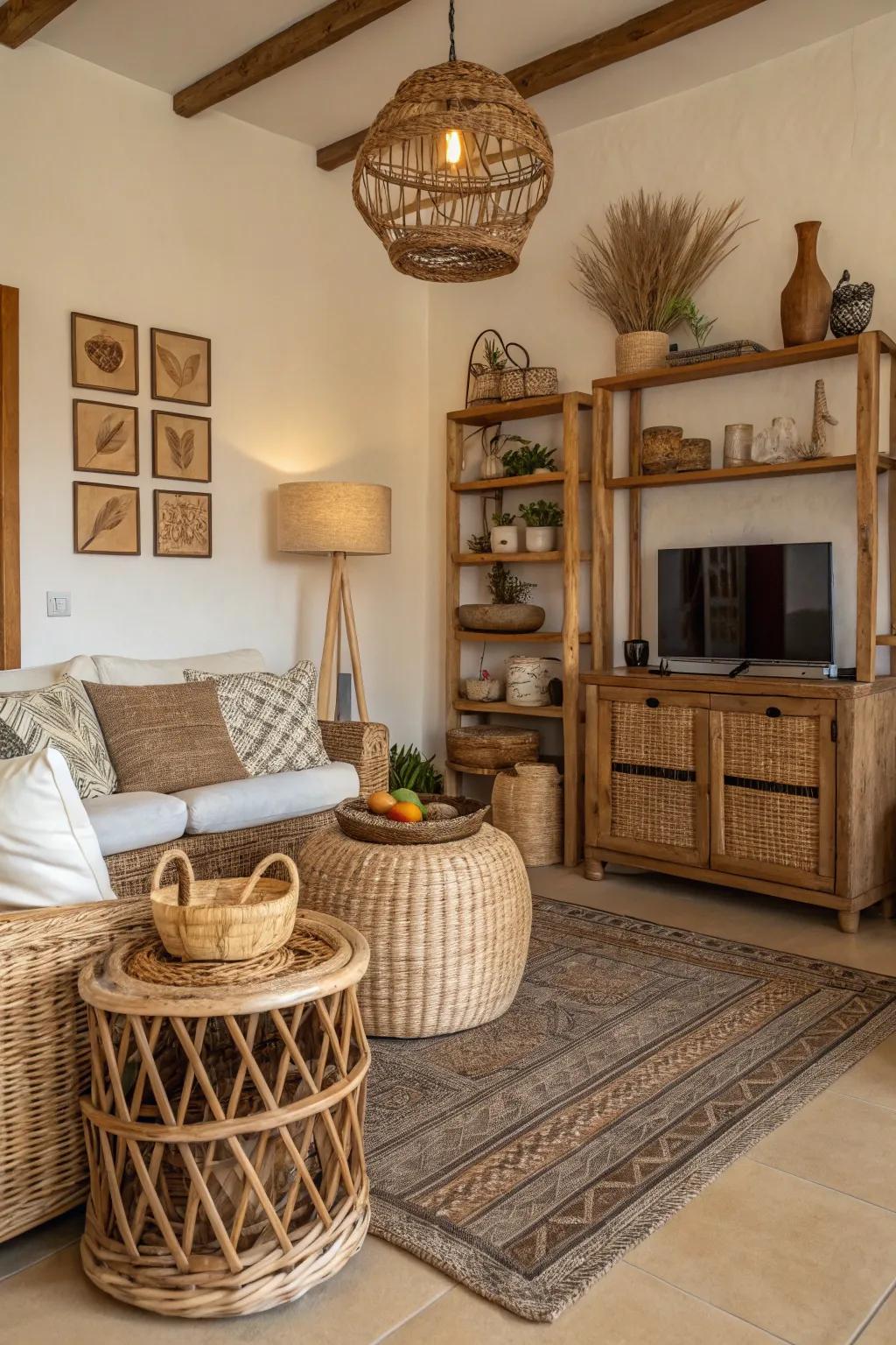 Earthy textures such as willow and timber establish a cozy, rustic environment.