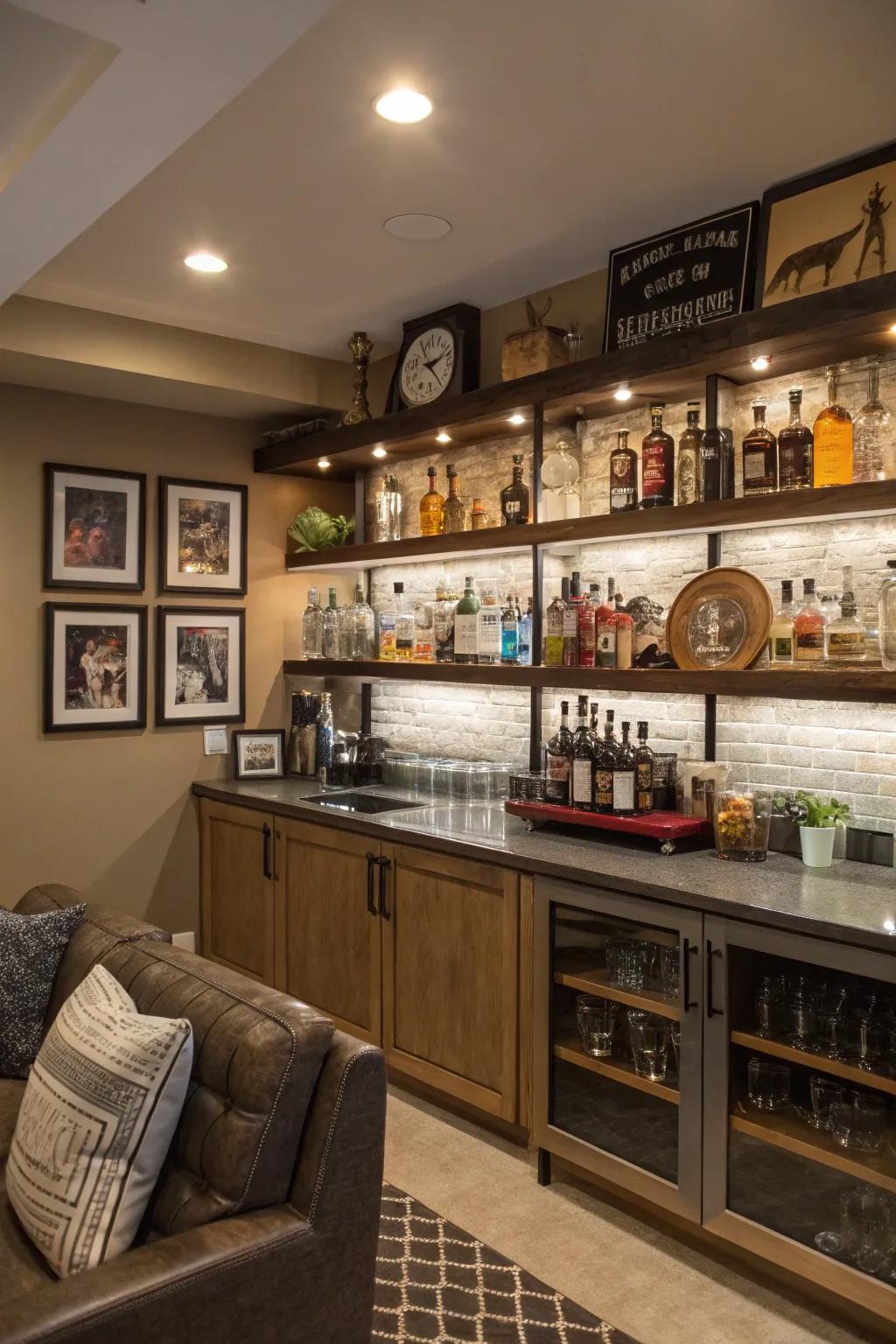 Ornamental shelving brings style and character to this home bar design.