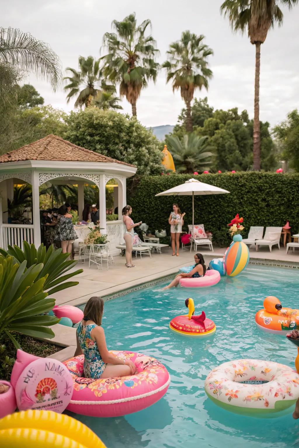 A lively retro pool party featuring vibrant floats and iconic swimwear.