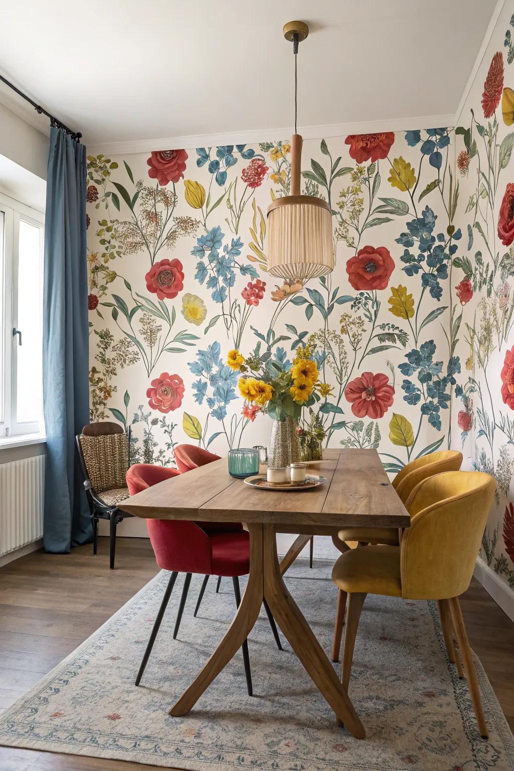 Bring a romantic flair using botanical wallpaper.