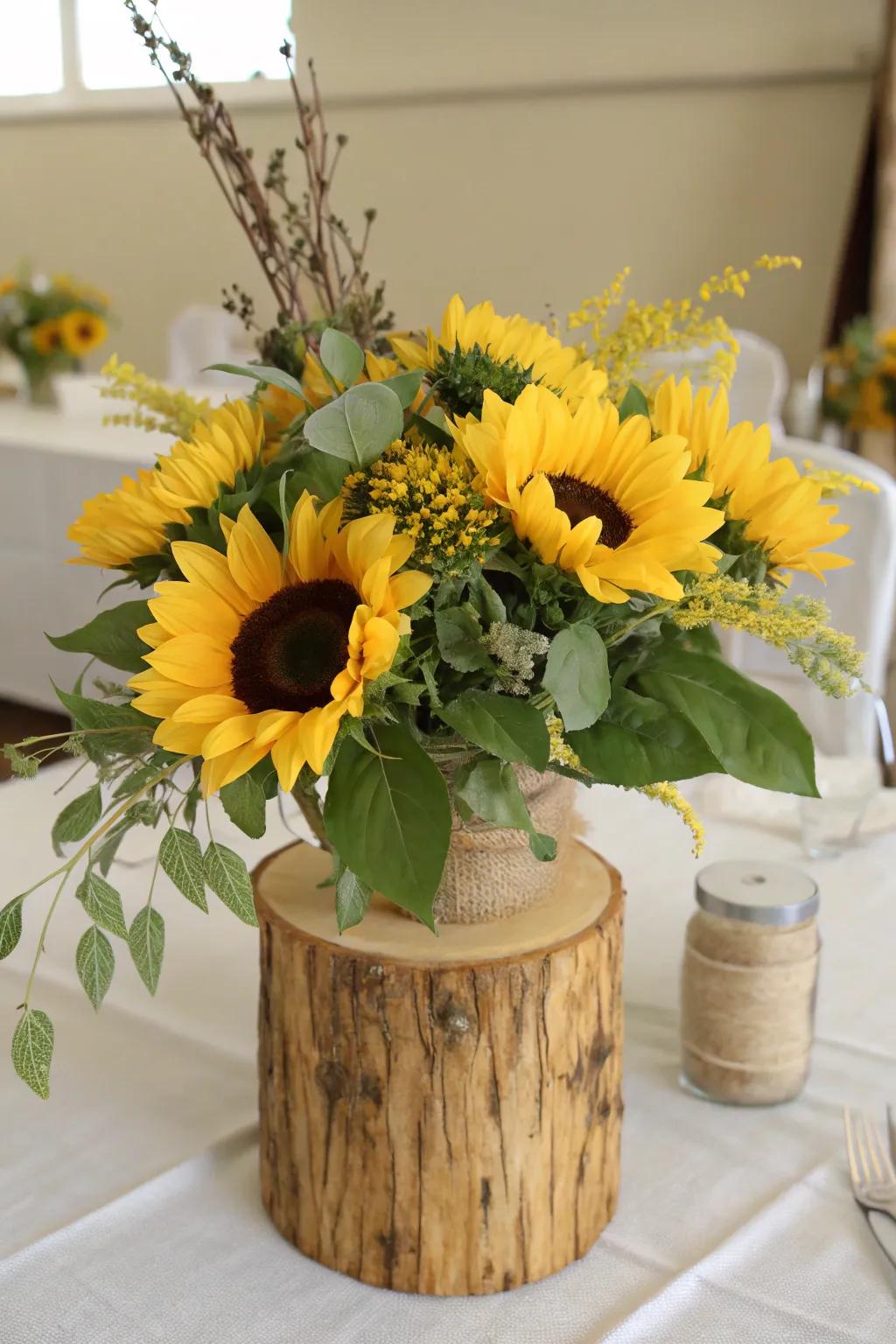 Homespun golden bloom centerpiece with timber and burlap accents.