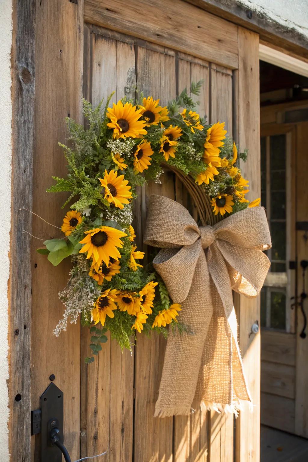 Where farmhouse charm meets sophisticated design, showcased in sunflowers paired with burlap.