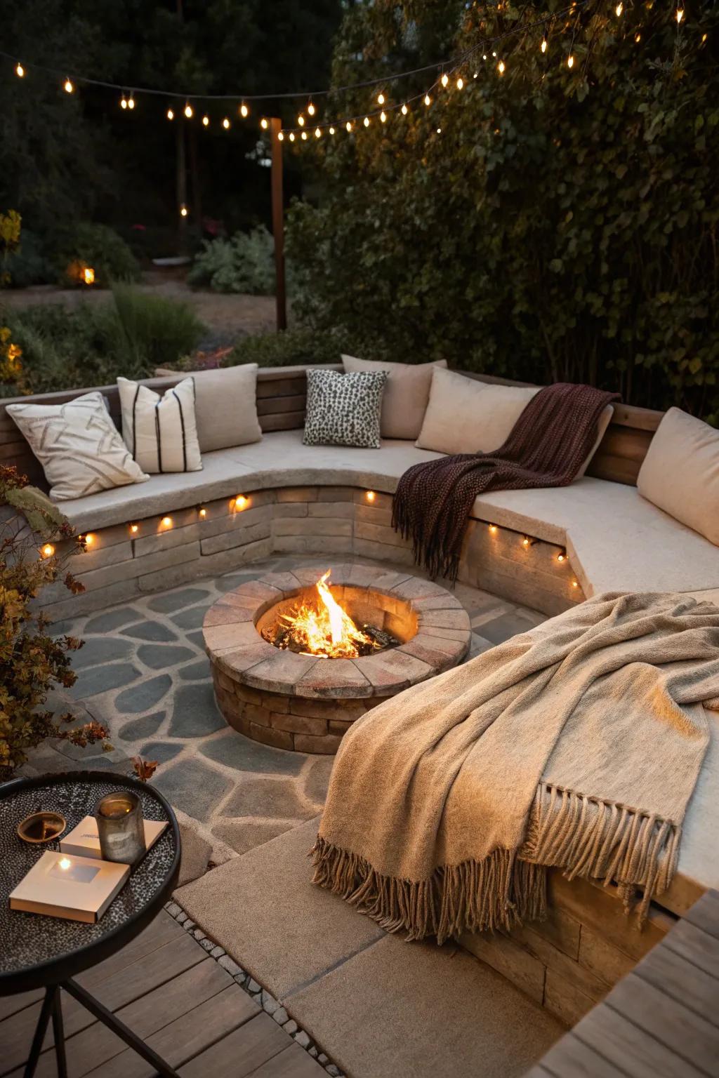 A comfy and welcoming below-ground fire pit edge.