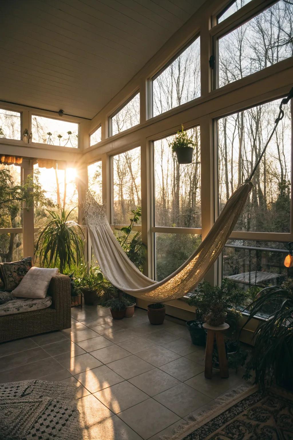A sunroom highlighted by a hammock, made for unwinding and relaxing.