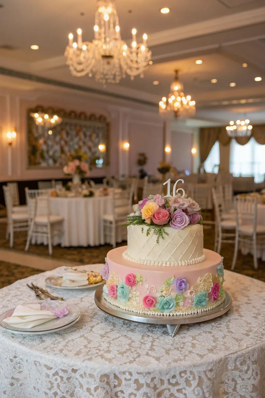 A cake in pastel hues of paradise, casting a dreamy spell over the party.