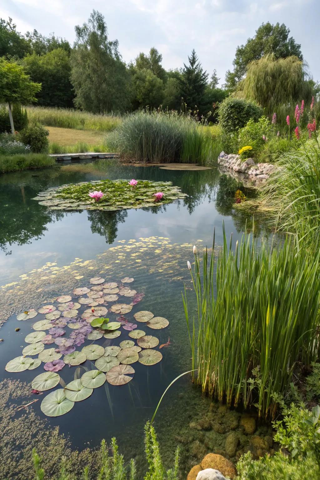 Aquatic plants provide natural purification and add a sense of sophistication to the swimming pond.