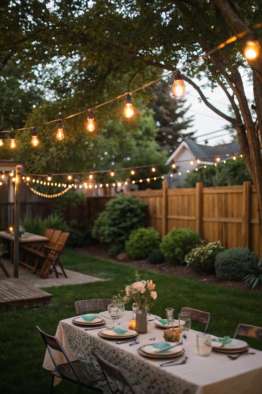 String lights create an enchanting atmosphere for evening barbecues.