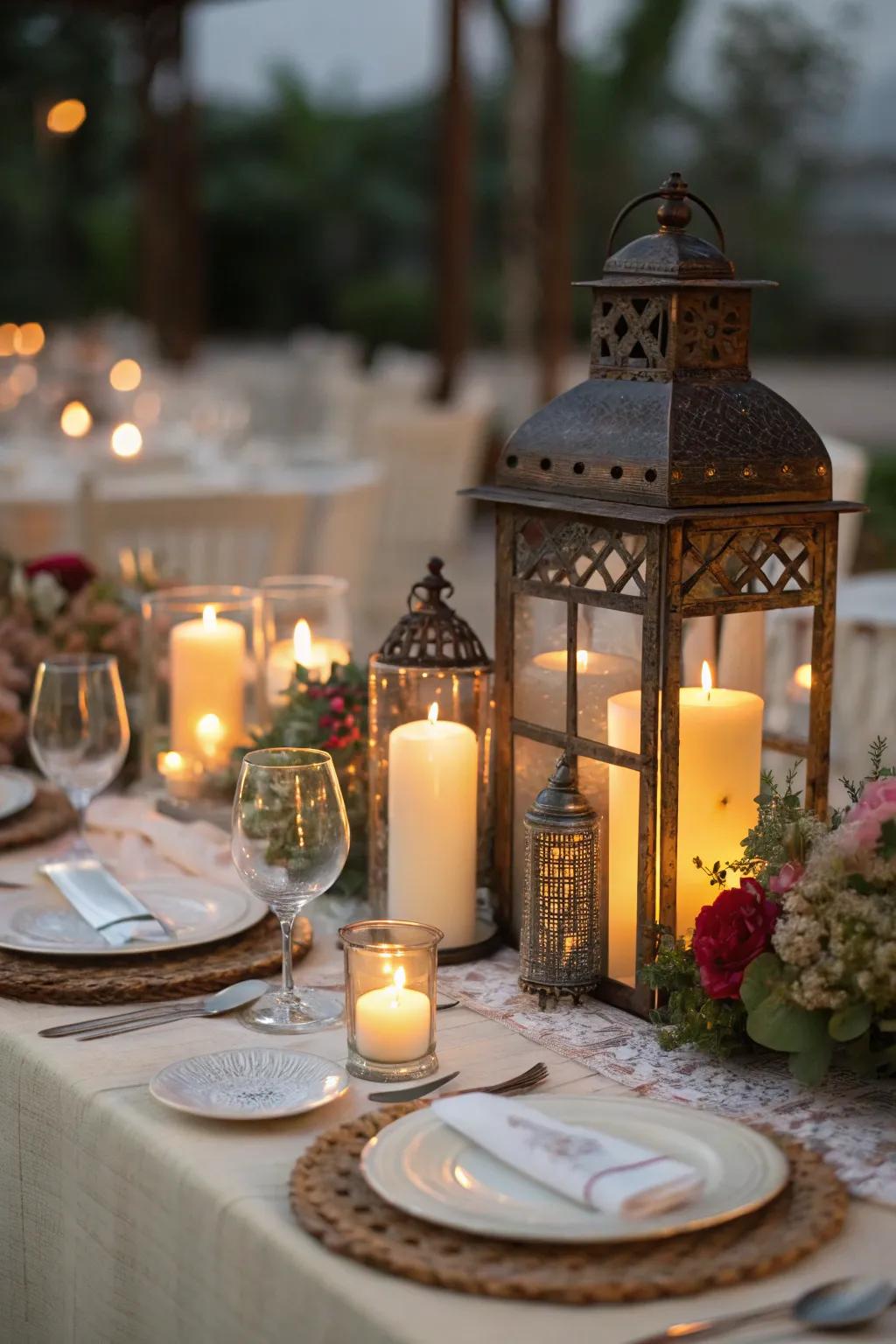 Candles and lanterns cast an intimate glow over your dining moments.