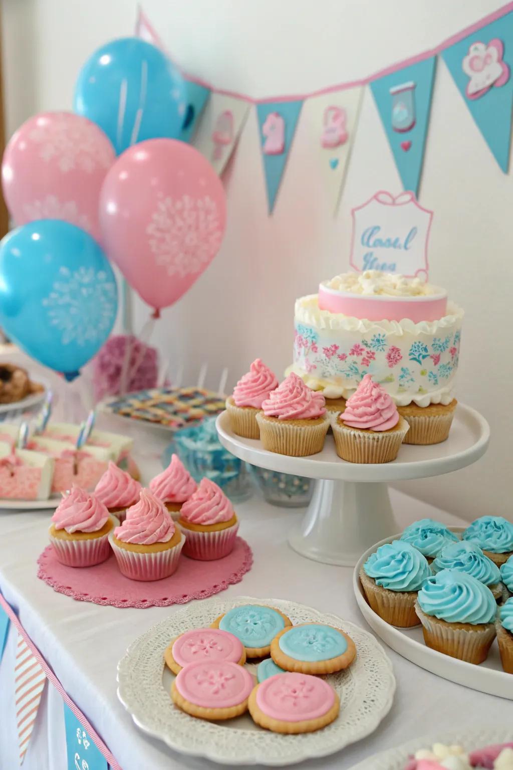 A tempting dessert table featuring sweet treats in pink and blue to delight your guests.