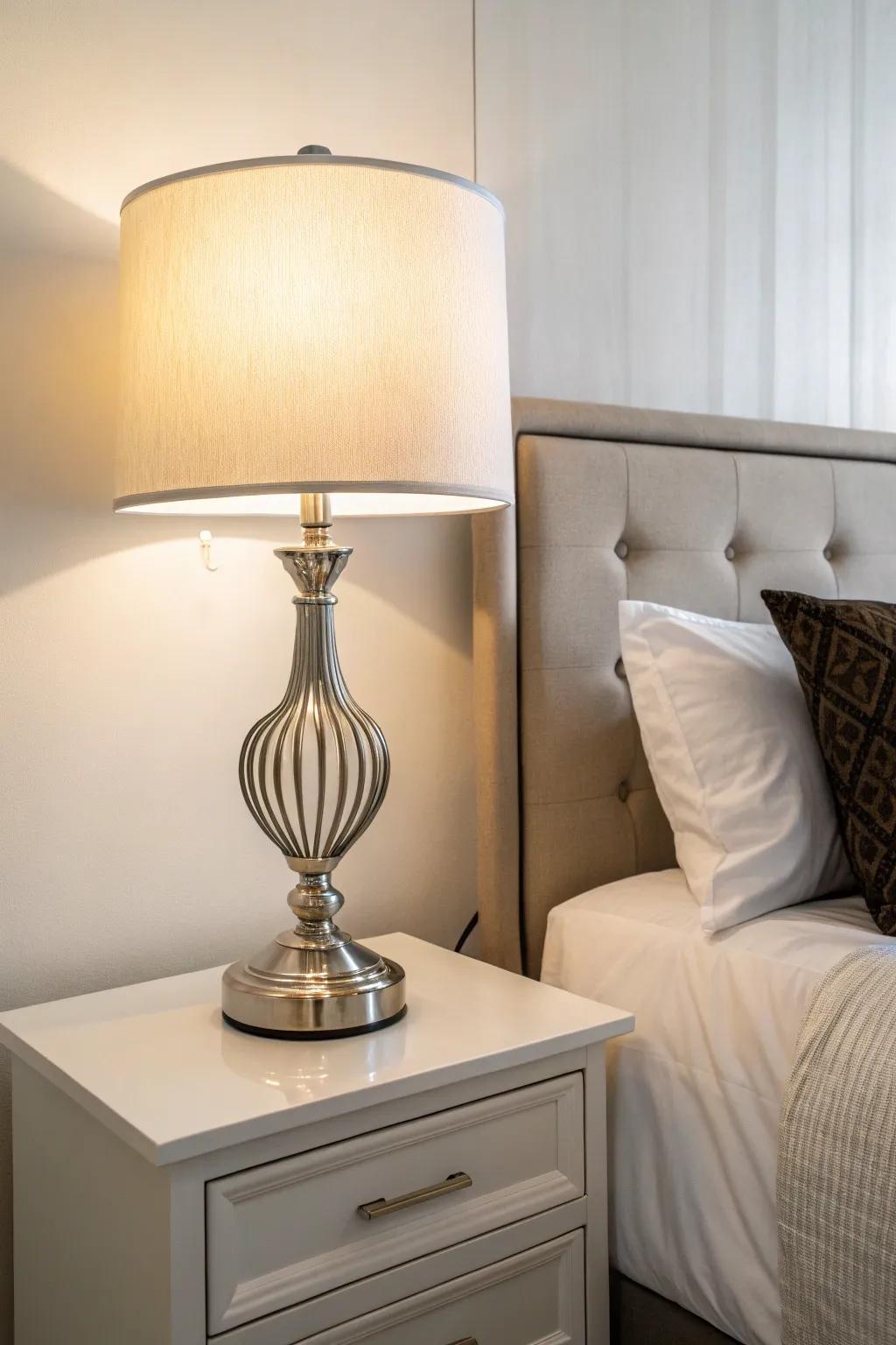 A sleek modern table lamp brings minimalist elegance to a bedroom.
