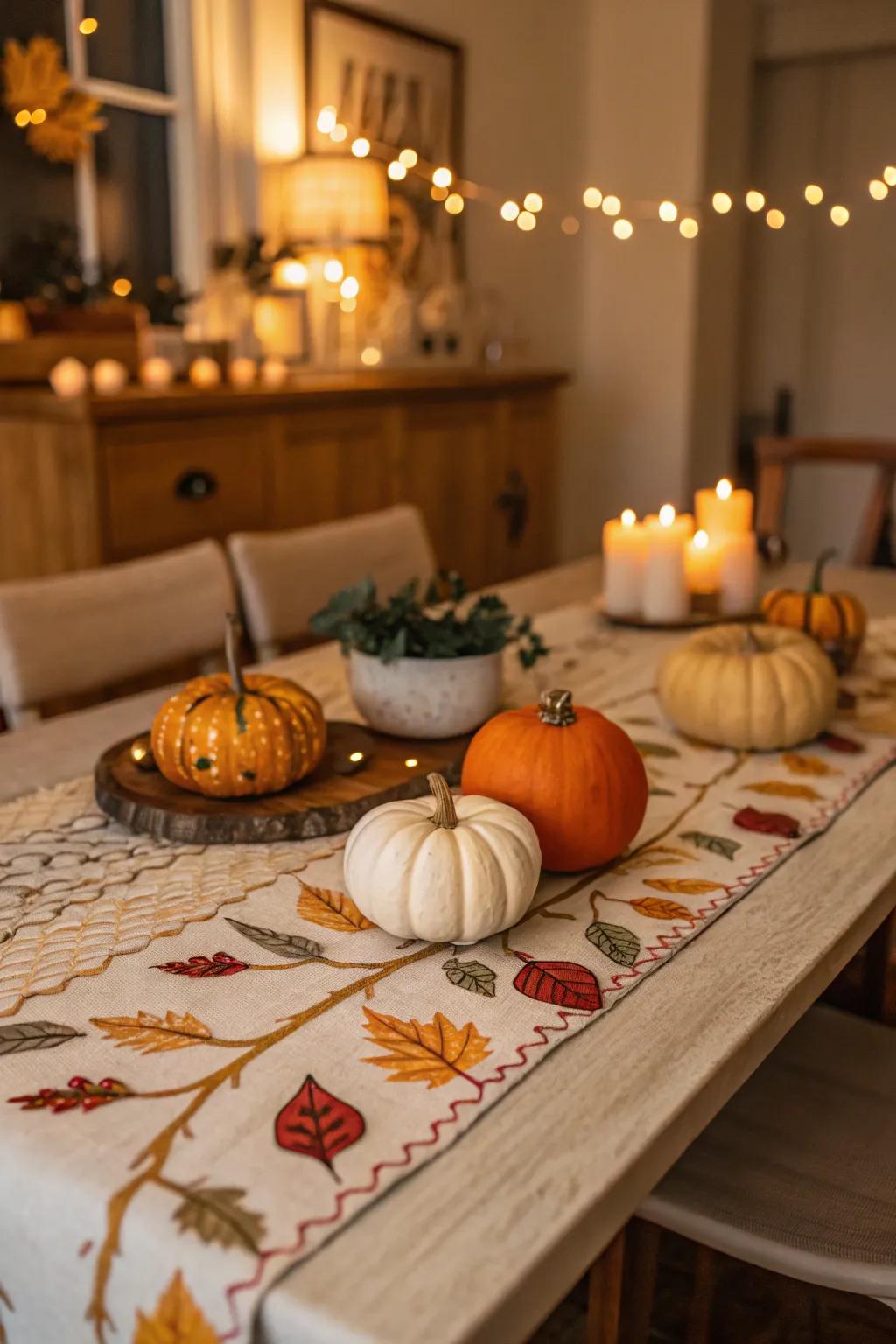 Seasonal table runner featuring pumpkins for an enjoyable harvest dinner.