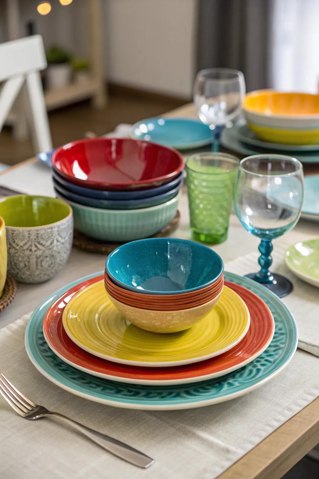 Grouped dishes producing a sophisticated and lively table display.