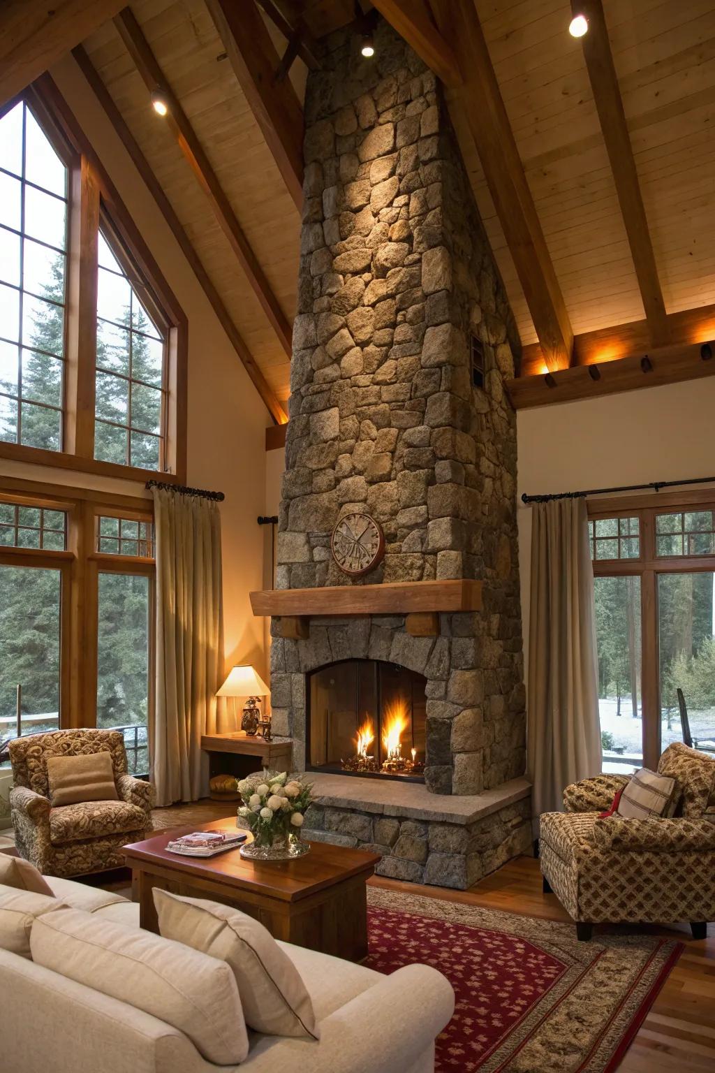 Unprocessed elements akin to stone infuse a fireplace with warmth and texture.