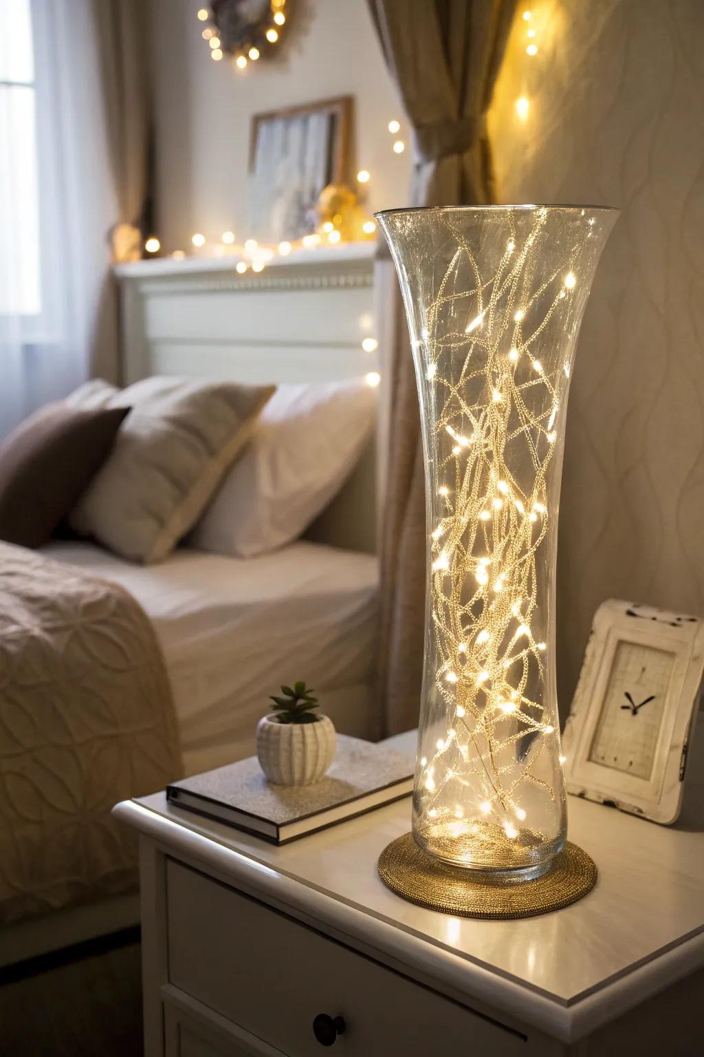 A tall glass vase filled with string lights, casting a warm glow in a cozy bedroom setting.