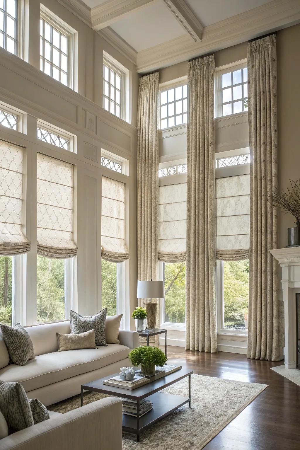 Concertina shades lend a touch of elegance to high windows.