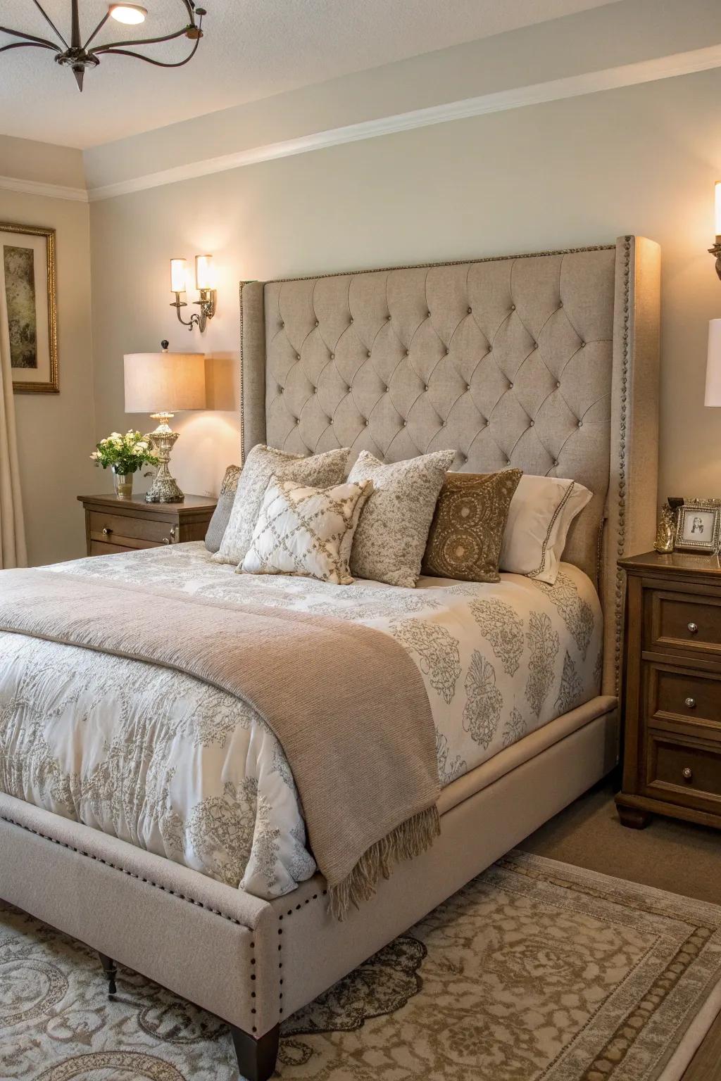 A lavish earthen upholstered bed frame serves as the bedroom's focal point.