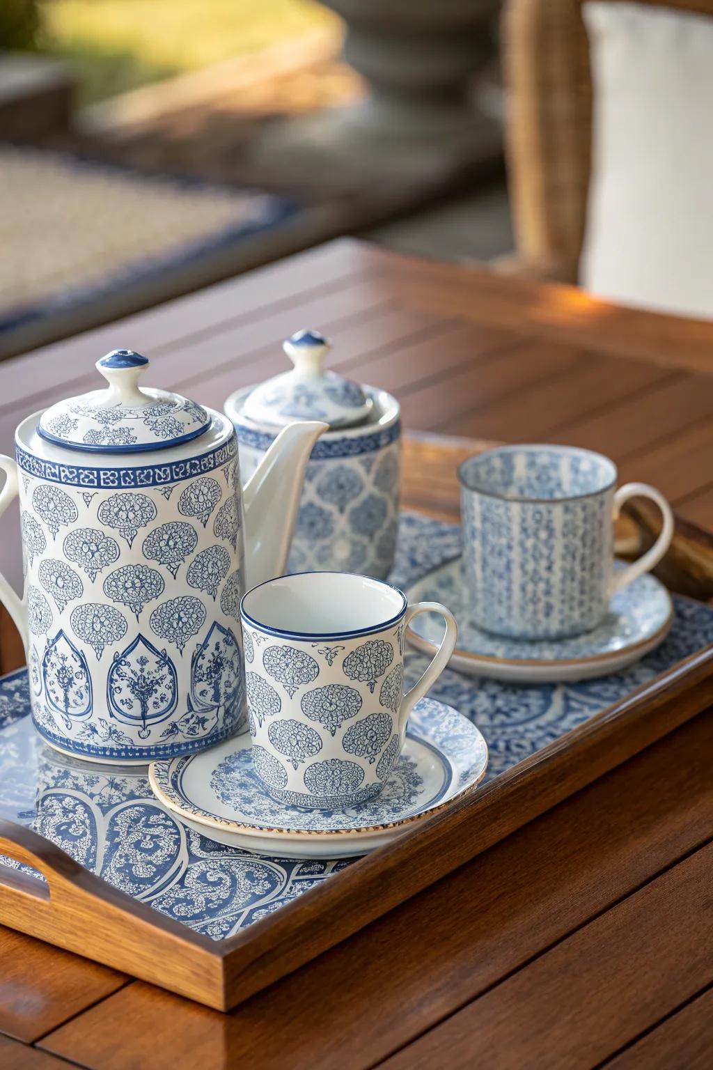 An indigo and white tea set showcasing cultural sophistication.