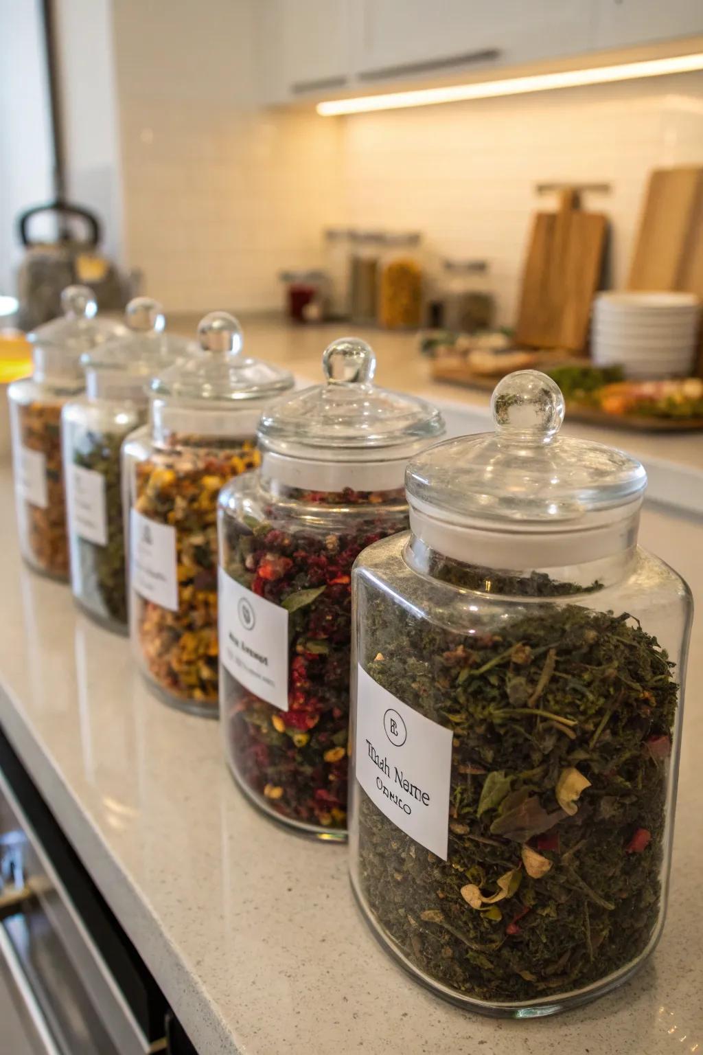 Glass jars filled with colorful loose leaf teas.