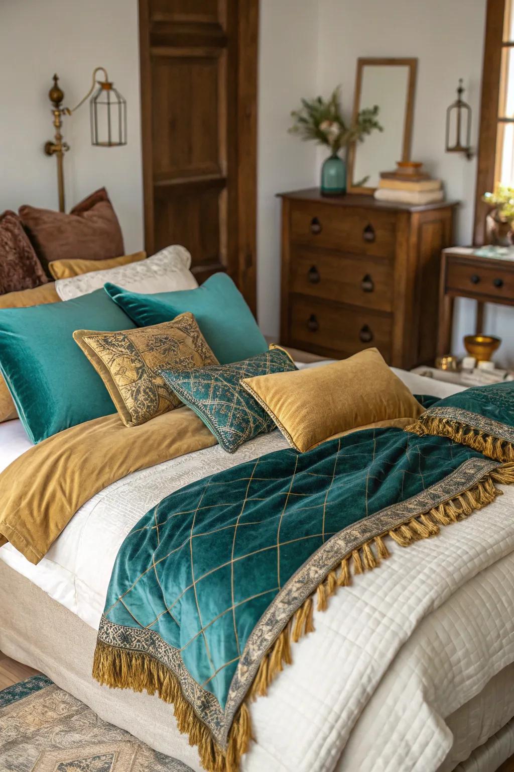 Opulent fabrics in aqua and gilded tones bring coziness and texture to this bedroom.