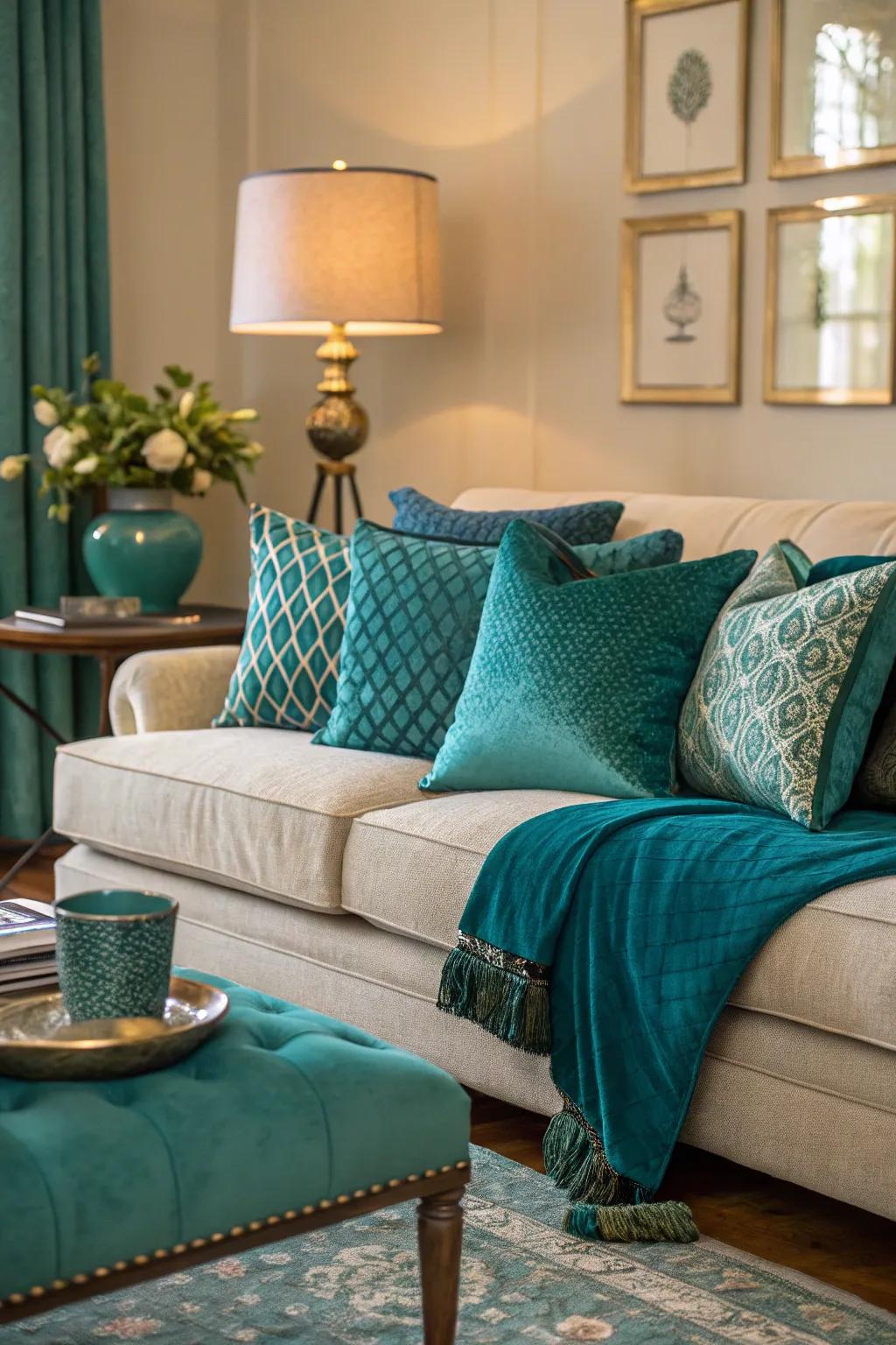 Fabrics layered in teal and turquoise colors add warmth and character.