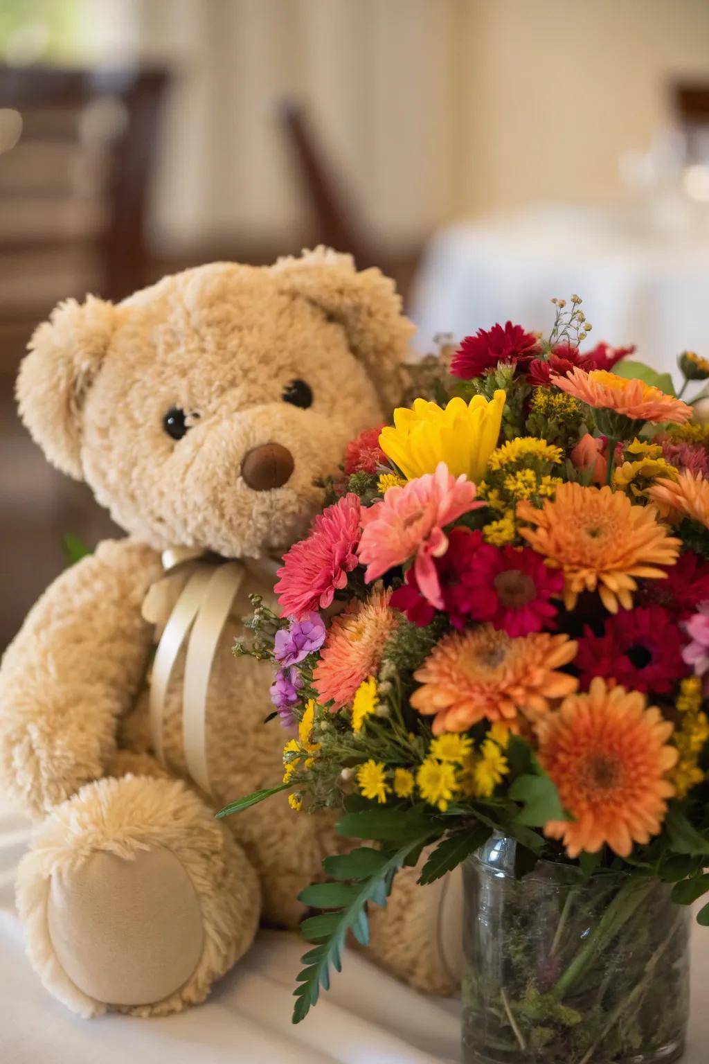 Floral accents add elegance to a teddy bear centerpiece.