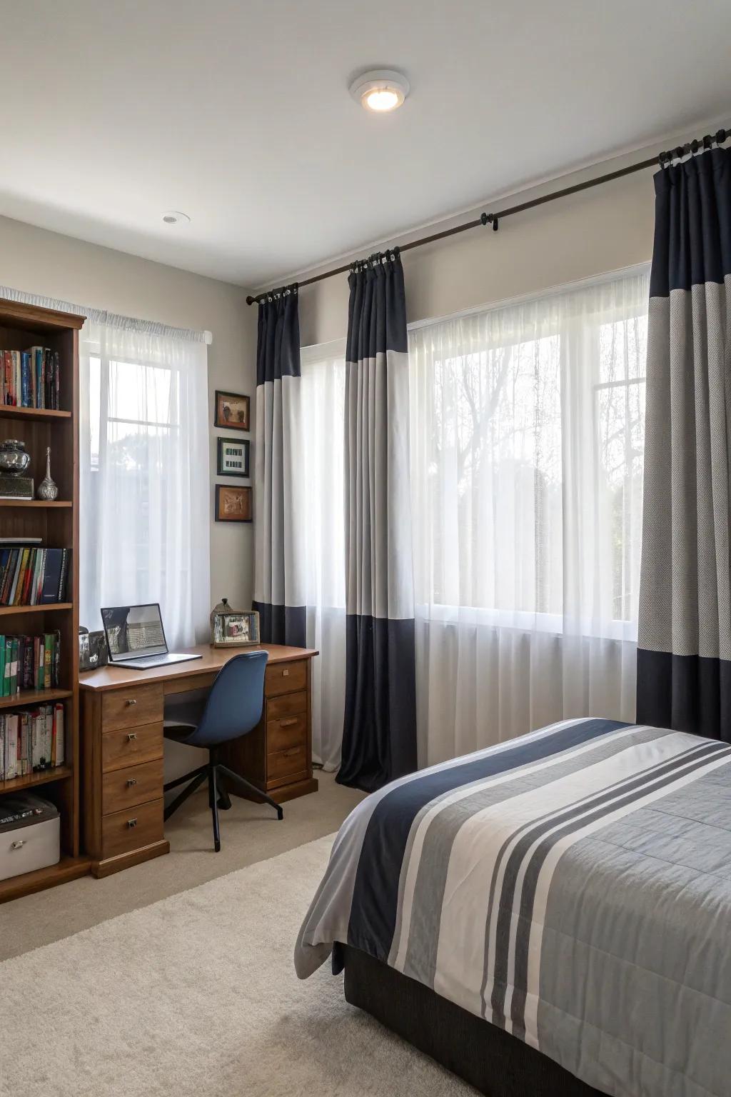 Layered window coverings provide versatile light and privacy choices.