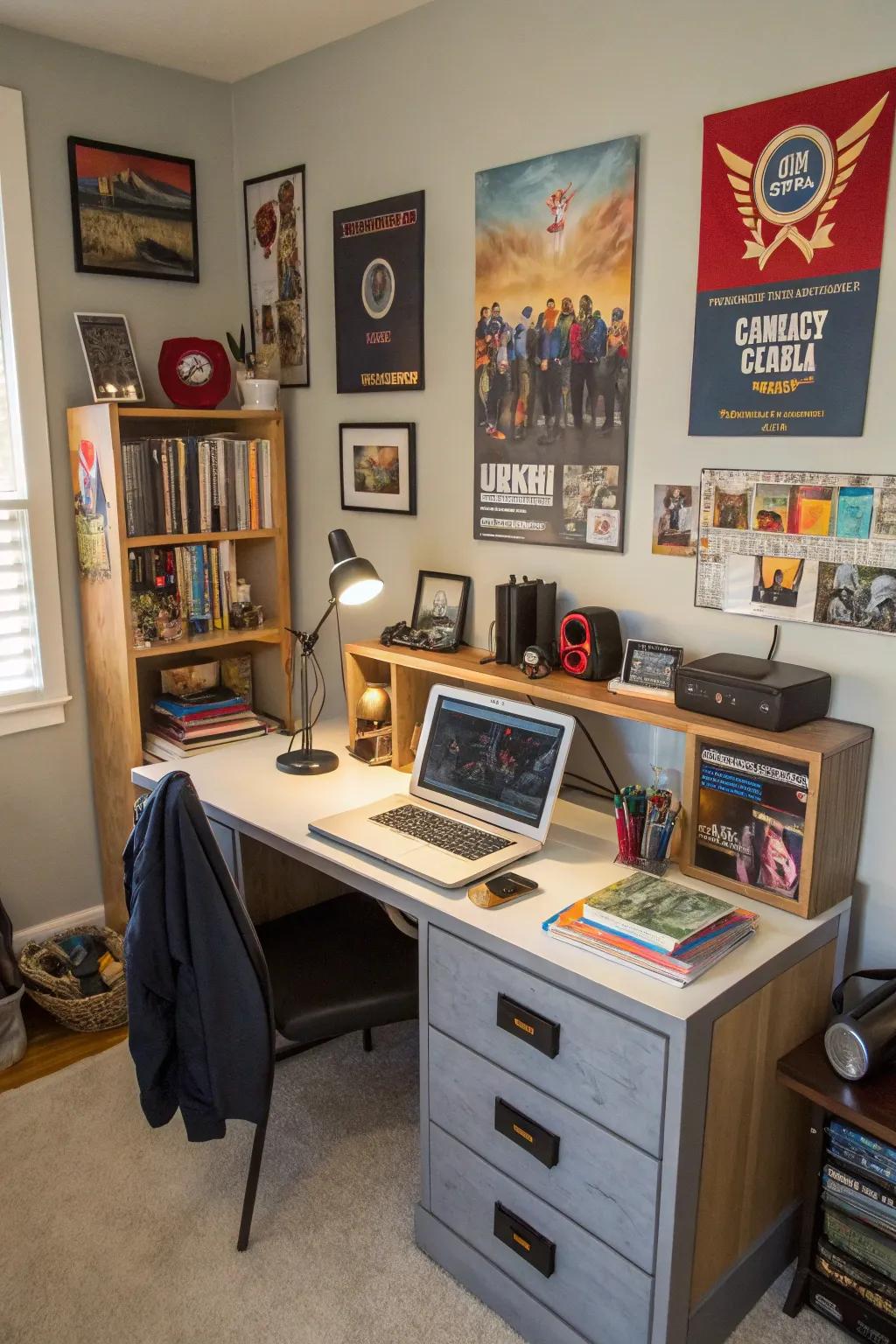 A teen boy's room featuring a tech-equipped workstation and integrated charging capabilities.