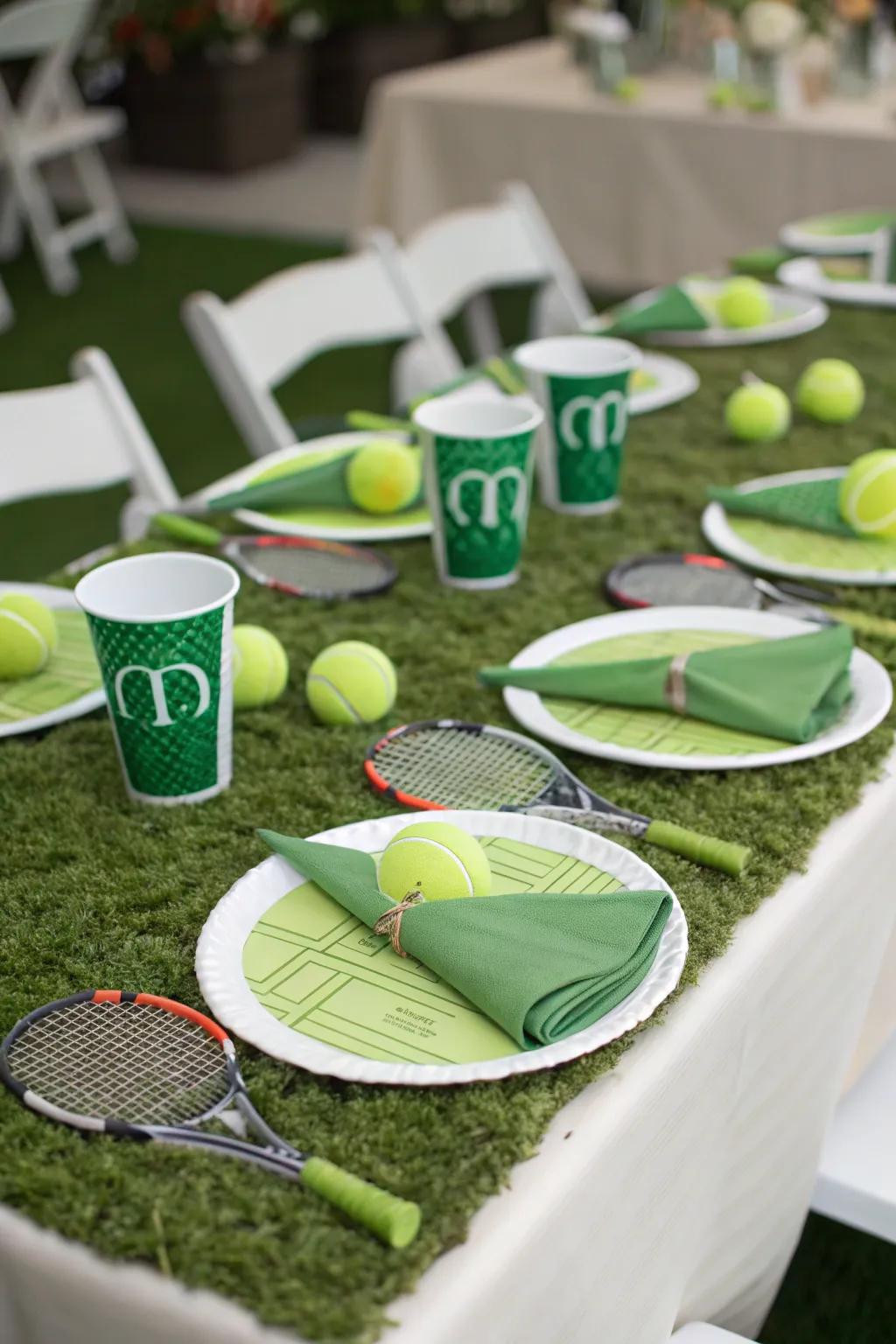 Bring the essence of the court to your dining setting via a grass-themed tablecloth.