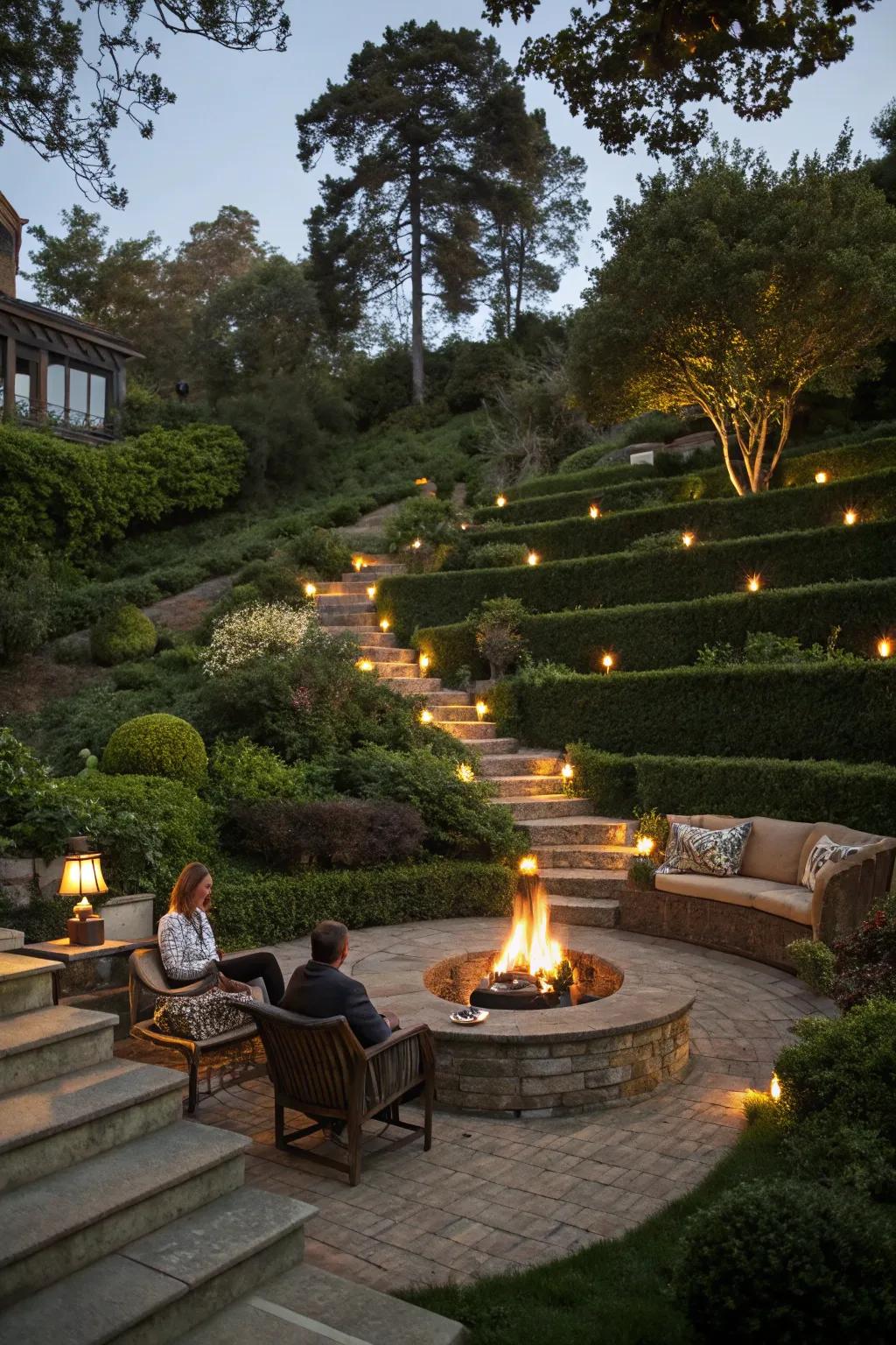 A central bonfire spot in a tiered garden, producing a toasty and welcoming vibe.