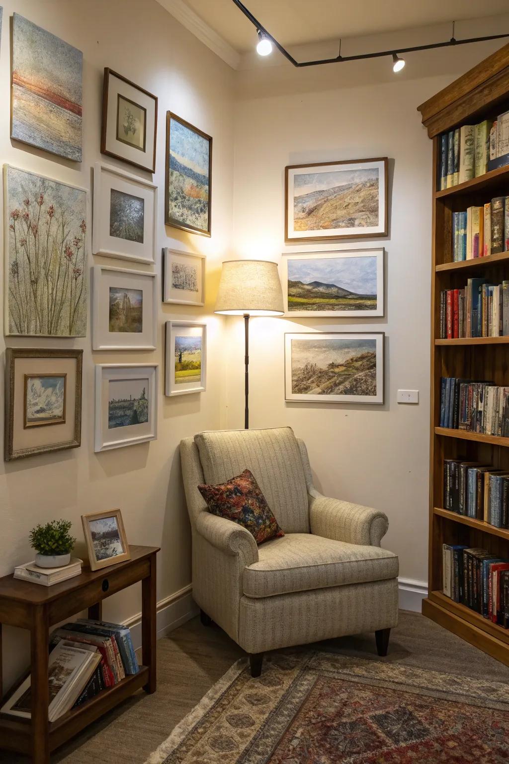 Mini textured paintings add charm and character to this inviting reading nook.