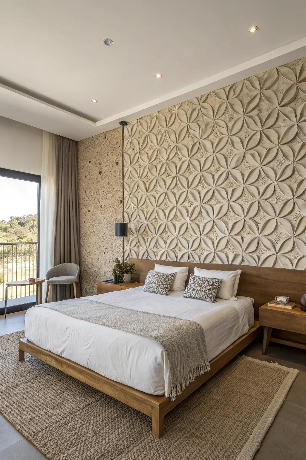 A bedroom with a bold textured accent wall as the focal point.