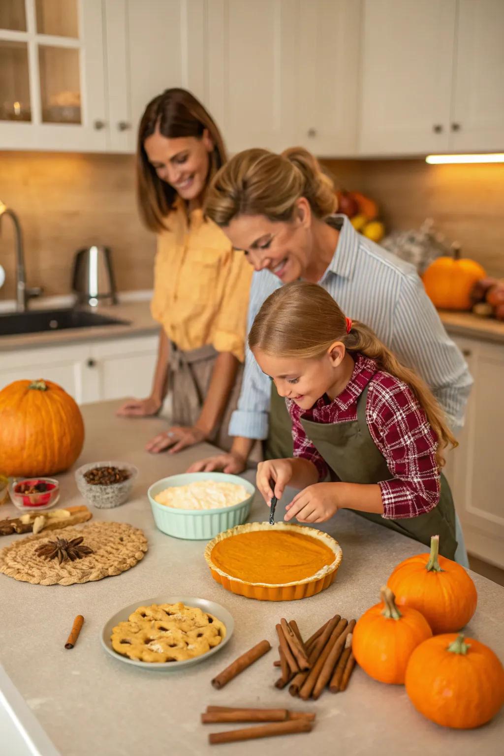 A family baking Thanksgiving sweets together, surrounded by seasonal ingredients.